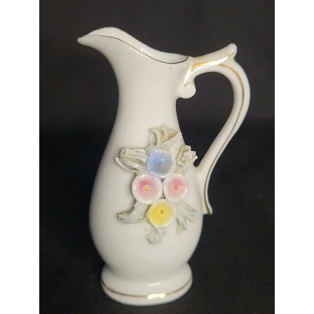 Cream Porcelain Pitcher Vase with Pastel Floral Appliqués and Gold Trim